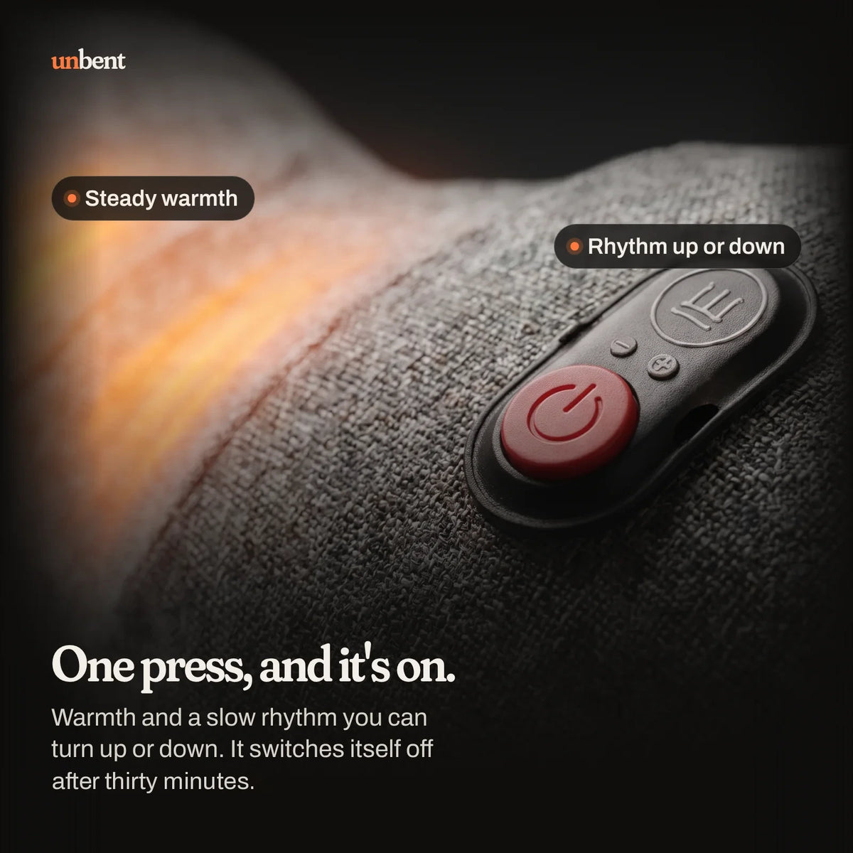 Close-up of the Unbent control button and woven grey fabric